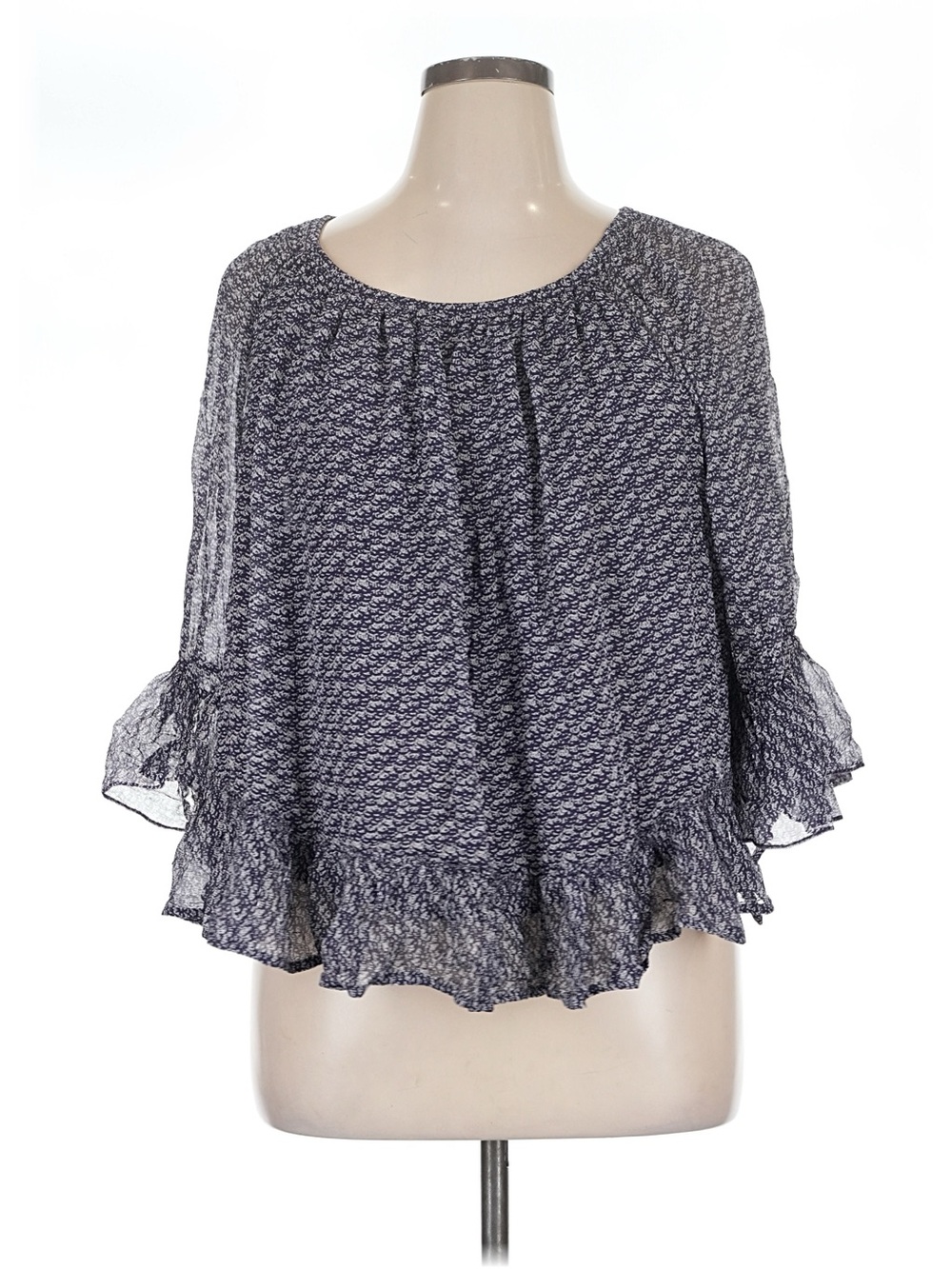 NWT Lucky Brand XL Navy Micro-Print Ruffle Hem Blouse
